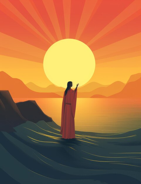 Foto jesus de pé na costa do oceano com o sol ao fundo