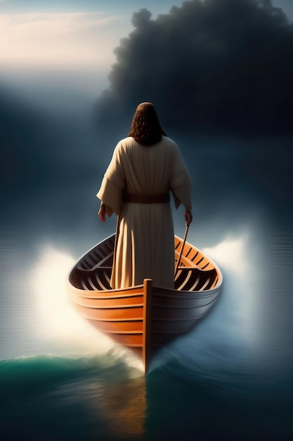 Foto jesus em pé em um barco com a lua atrás dele