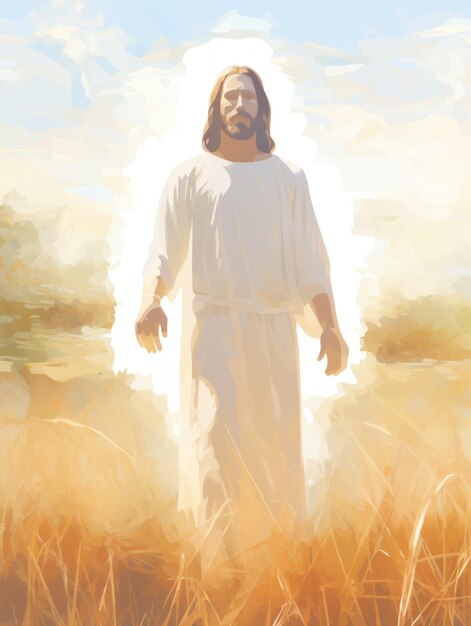 Jesus em pé num campo de trigo