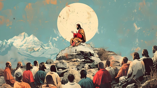 Jesus em Satsang Ilustração de reunião espiritual de meados do século