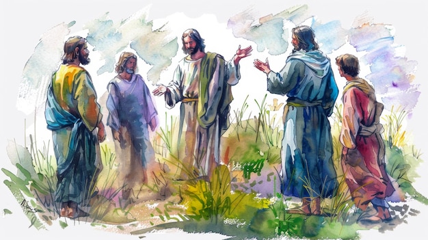 Jesus ensinando seus discípulos o significado da parábola do semeador por meio de aquarelas digitais