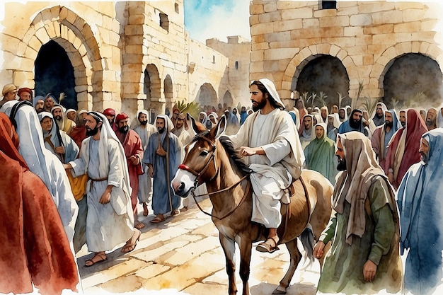 Jesús entrando en Jerusalén en un burro recibido por la multitud Domingo de Ramos Acuarela Ilustración bíblica