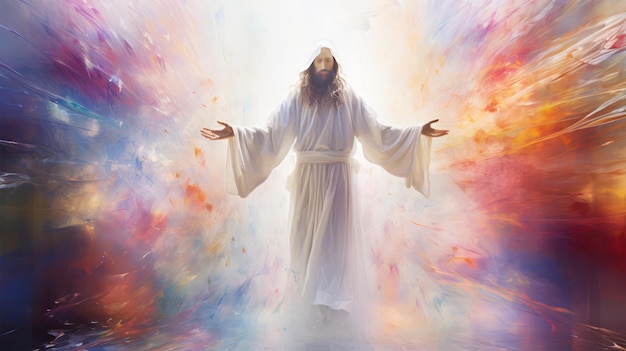 Foto jesus está de braços abertos num belo lugar banhado de cores