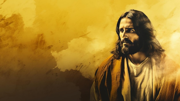 Jesus está de pé em frente a um fundo amarelo