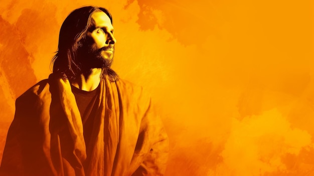 Foto jesus está de pé em frente a um fundo laranja