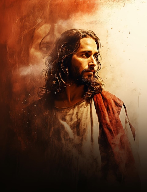 Jesus está de pé em frente a um fundo laranja