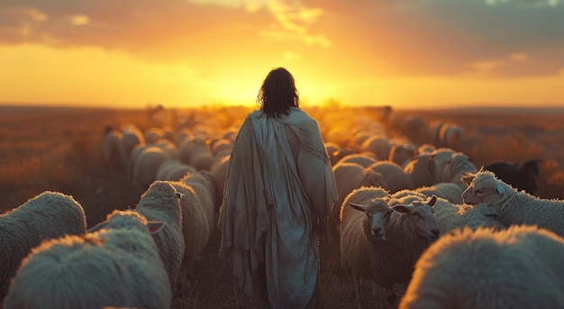 Jesus está parado no meio das ovelhas