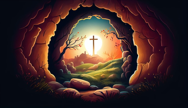 Jesús ha resucitado ilustración de una tumba vacía desde el interior con una cruz en el fondo Ilustración de la tarjeta de Pascua