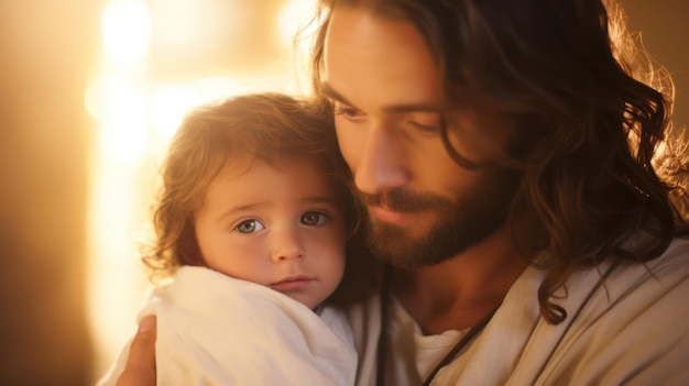 Jesus hält das Baby auf dem leuchtenden Wolkenhimmel bei Sonnenuntergang