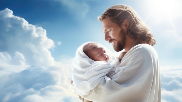 Jesus hält das Baby mit strahlendem Himmel und Wolken im Hintergrund