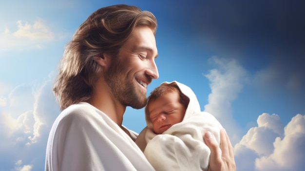 Jesus hält ein Baby am blauen Himmel