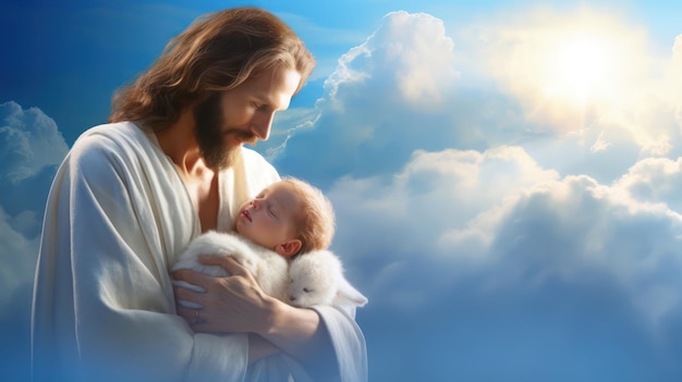 Jesus hält ein Baby am blauen Himmel