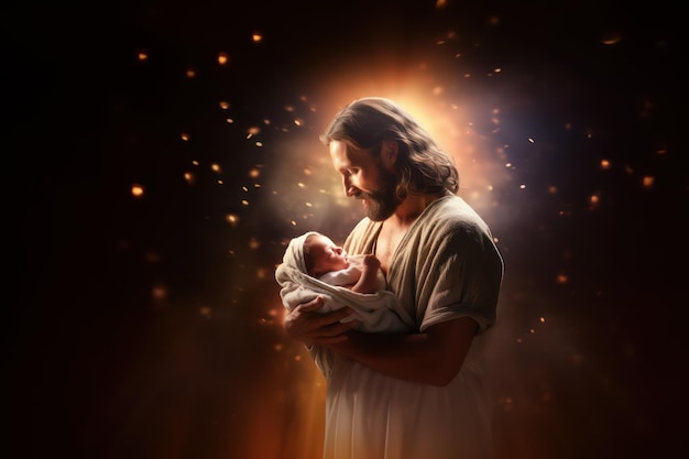 Jesus hält ein Baby mit einem leuchtenden Bokeh-Hintergrund