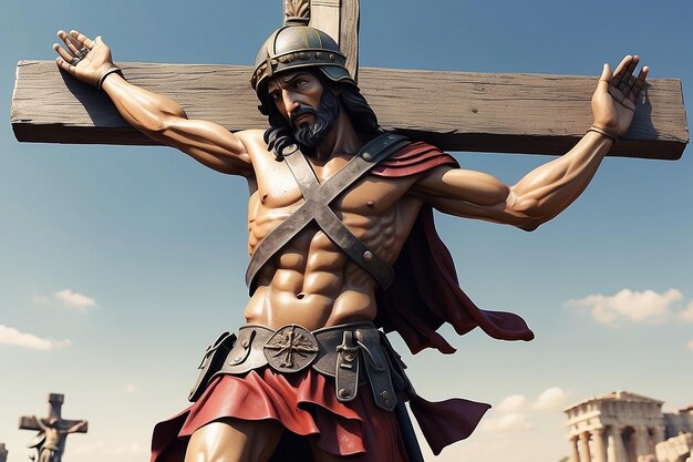 Jesus hängt am Kreuz, römischer Soldat