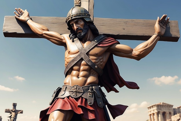 Jesus hängt am Kreuz, römischer Soldat