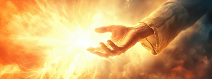 Foto jesus hand rise sunrise céu de fundo com espaço de cópia