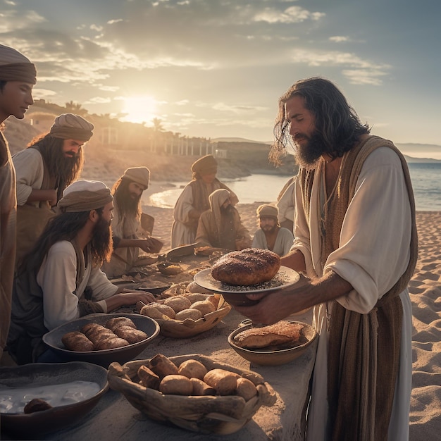 Jesús horneando pan y pescado con sus discípulos en la playa