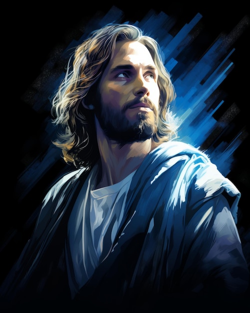 Jesus in einem blauen Gewand mit langen Haaren