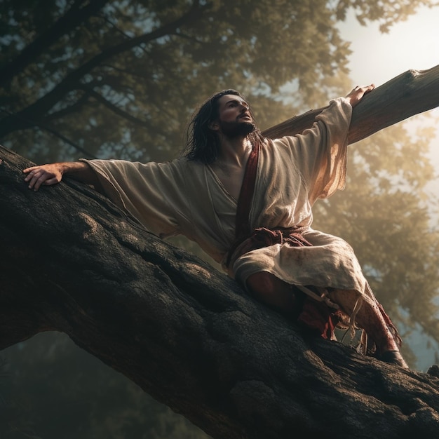 Jesus in einem weißen Tuch auf einem Baum