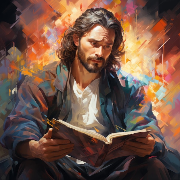 Jesús leyendo la Biblia en acuarela