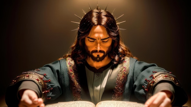 Jesús leyendo la biblia con la palabra jesús en la parte superior