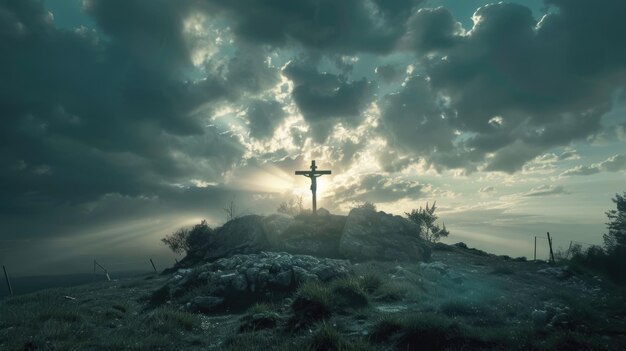 Foto jesús lleva la cruz en el monte gólgota que simboliza el sacrificio y la resurrección