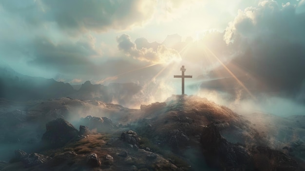 Jesús lleva la cruz en el Monte Gólgota que simboliza el sacrificio y la resurrección