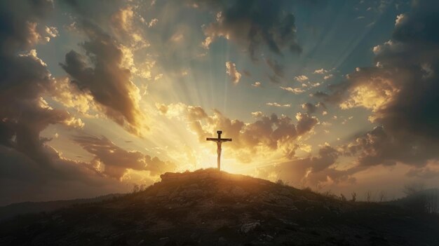 Foto jesús lleva la cruz en el monte gólgota que simboliza el sacrificio y la resurrección