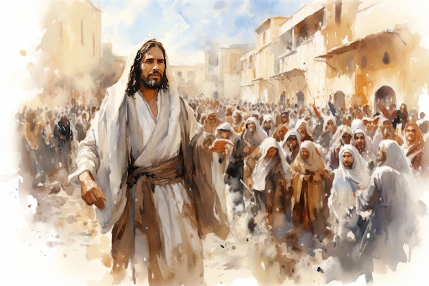 Jesús lleva la cruz pintura de acuarela digital ilustración para el arte religioso