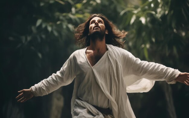 Jesús en la luz del sol de la mañana con bokeh IA generativa