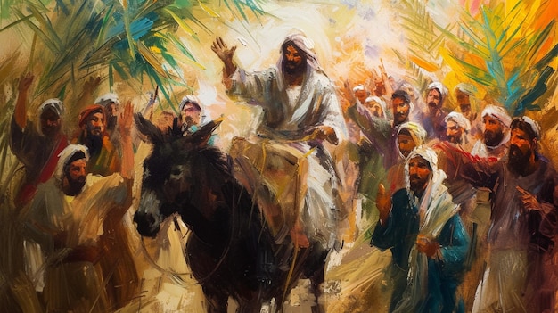 Jesús montado en la espalda de un burro en Jerusalén el Domingo de Ramos