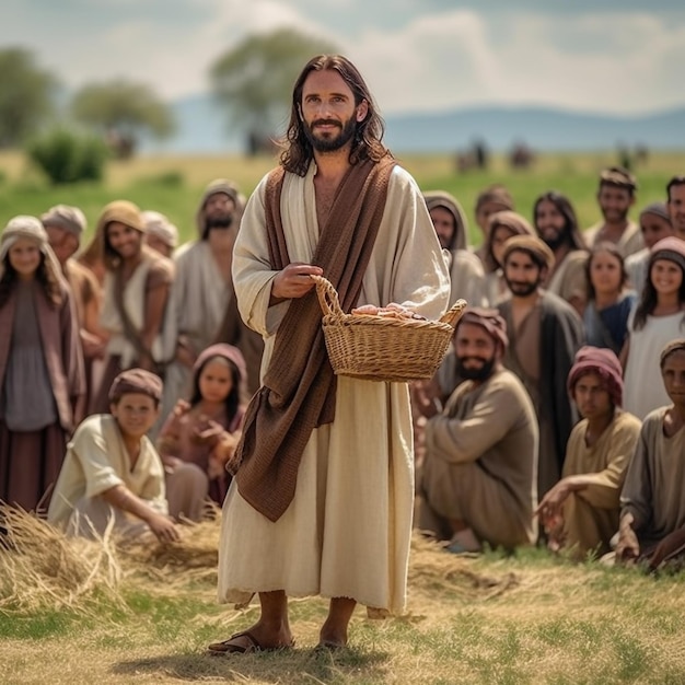 Jesús multiplicación de los panes y los peces multitud de discípulos escuchando la predicación