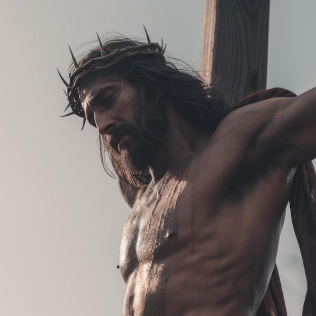 Jesus na cruz com uma coroa de espinhos