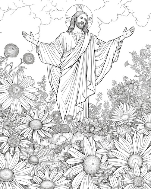 Jesus nas flores página de coloração generativo ai