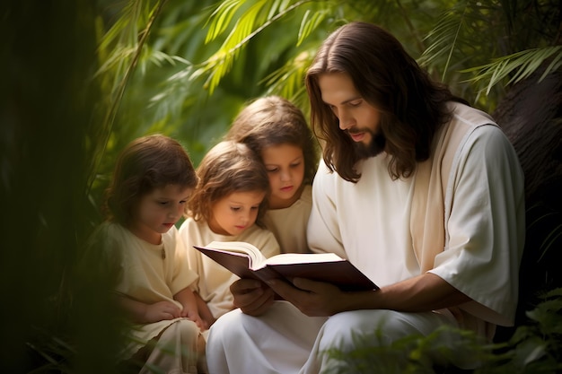 Jesús y los niños leyendo un libro en el jardín