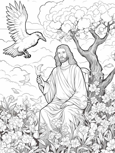 Jesus no céu pombos anjos hiper crocante árvores de flores lindas páginas de colorir livro