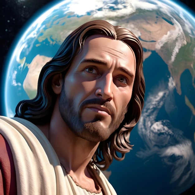 Jesus no fundo com o planeta Terra no fundo visto do espaço