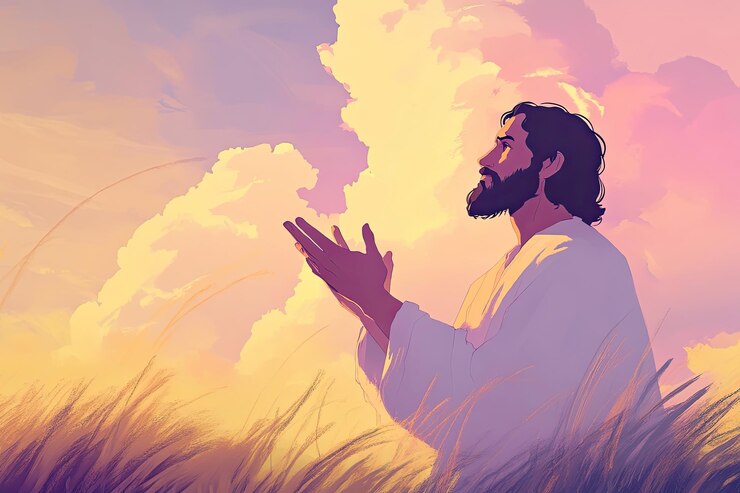 Foto jesus orando com as mãos levantadas para o céu em um campo ao amanhecer simbolizando conexão espiritual devoção e adoração nas crenças cristãs incorporando esperança e gratidão