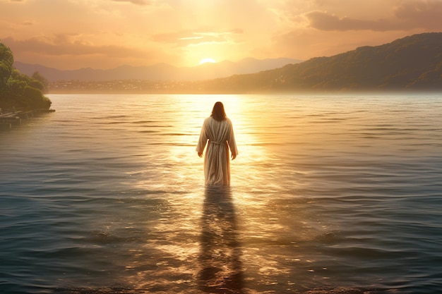 Jesús parado en el agua al atardecer