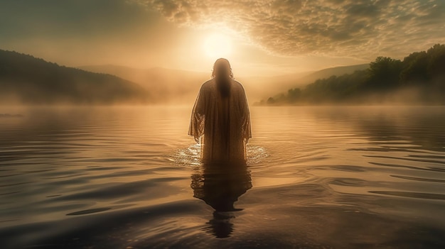 Jesús parado en el agua al atardecer