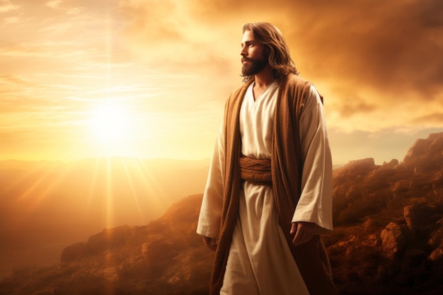 Jesús parado en la cima de una montaña con el sol de fondo.