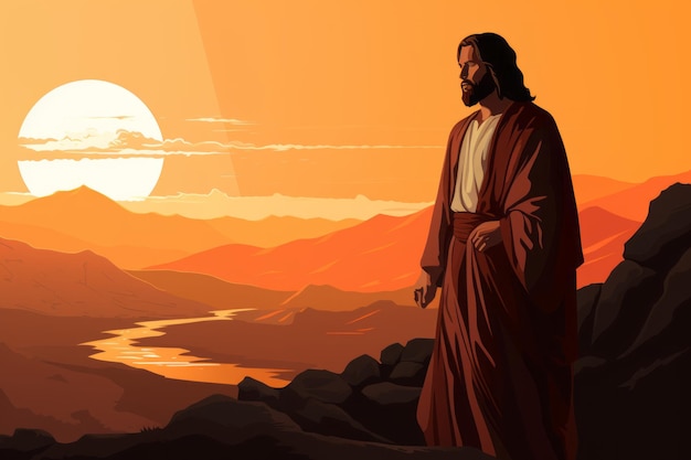 Jesus parado em uma colina com vista para um rio e montanhas