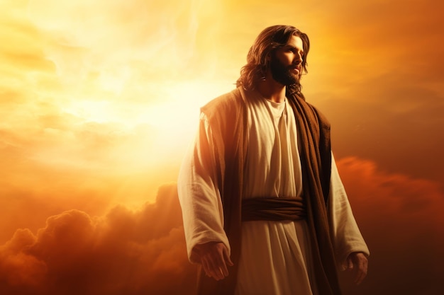 Jesús parado frente a las nubes con el sol detrás de él.