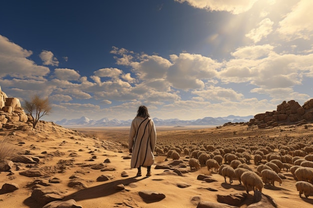 Jesus parado no deserto com um rebanho de ovelhas