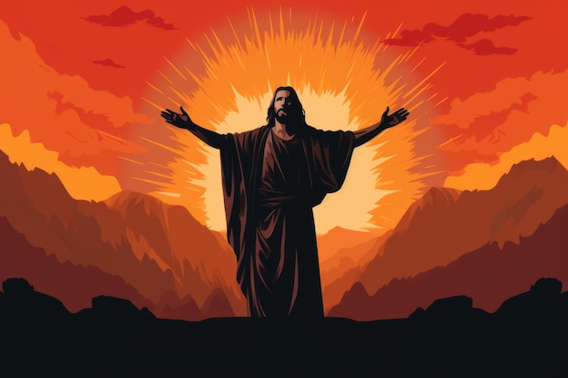 Jesus parado no topo de uma montanha com os braços estendidos