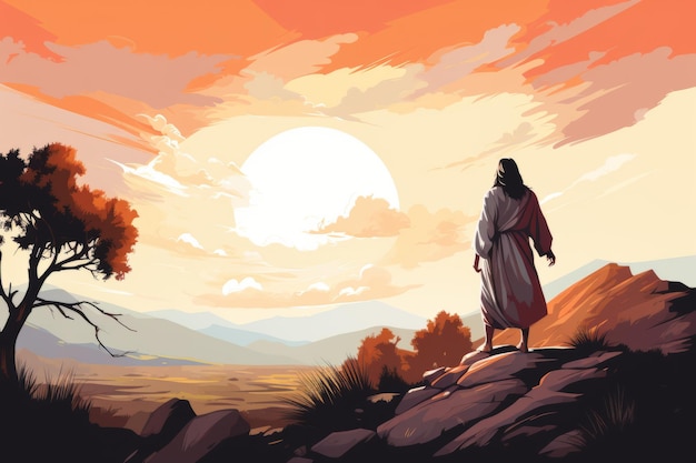 Jesus parado no topo de uma montanha olhando o pôr do sol