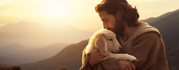 Foto jesús, pastor, cuidando a sus ovejas.