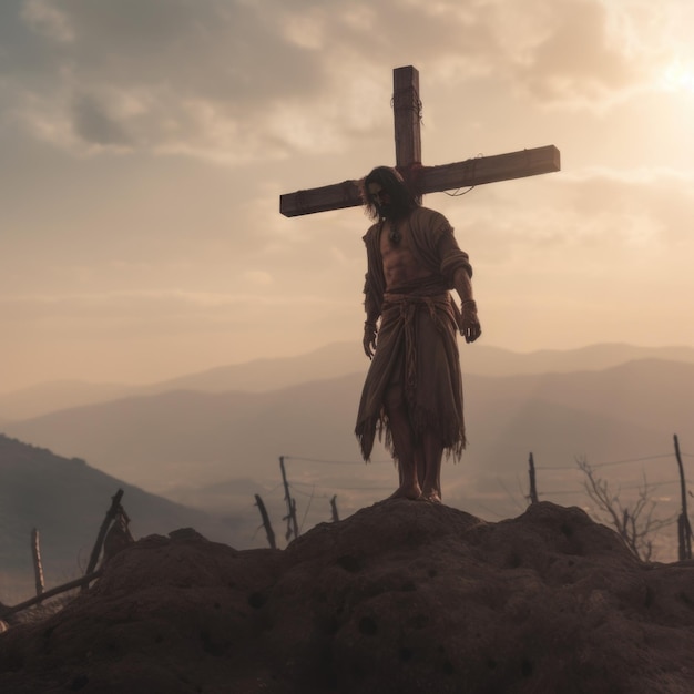 Jesús de pie en una colina en una cruz