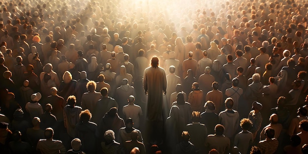Jesús de pie en medio de una gran reunión de individuos diversos Concepto Unidad religiosa Reunión espiritual Jesús y diversidad Fe inclusiva Adoración multicultural