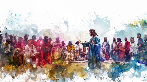 Jesus realizando um milagre alimentando uma grande multidão com pão e peixe em uma dor de aquarela digital